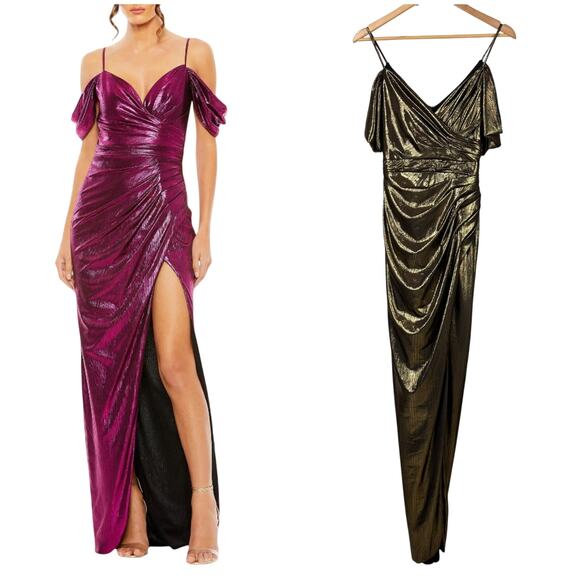 Mac Duggal NWT Off The Shoulder Cap Sleeve Faux Wrap Dress Size 2 Gold Black - Picture 1 of 10